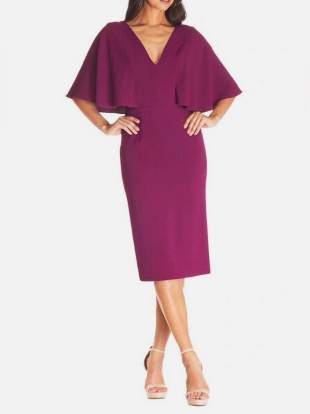 Dress the Population Louisa Dark Magenta Cocktail Dress Butterfly Sleeves Size M